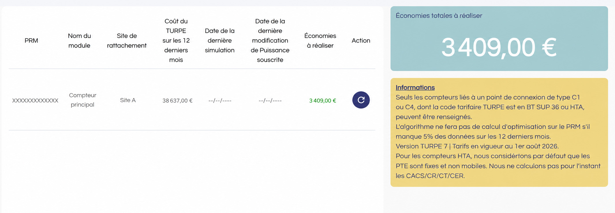 Exemple anonymisé d’une simulation d’optimisation TURPE dans la Supervision Énergétique Écométhodes, avec informations du point analysé et estimation économique